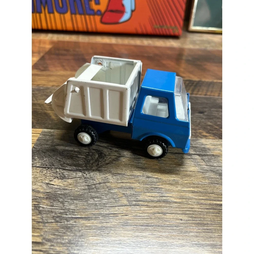 Vintage Tin Litho Garbage Truck Toy Blue and White Made in Japan Dump Truck
